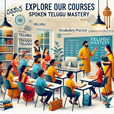 DALL·E 2024-07-31 19.50.52 - An image for a section titled 'Explore Our Courses' for Spoken Telugu Mastery. The scene should depict a modern classroom setting with students of var