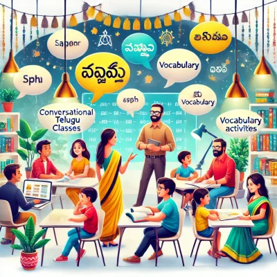 DALL·E 2024-07-31 19.53.07 - An image for a section titled 'Conversational Telugu Classes.' The scene should depict a modern classroom setting with students engaged in active conv