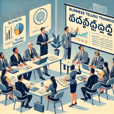 DALL·E 2024-07-31 19.56.13 - An image for a section titled 'Business Telugu Training.' The scene should depict a professional setting where individuals are learning Telugu for bus