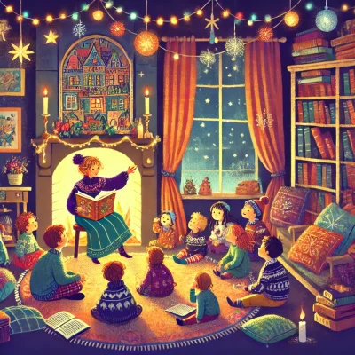 DALL·E 2024-07-31 20.06.28 - An image for a section titled 'Children's Storytelling Sessions.' The scene should depict a cozy and magical setting where children are gathered aroun